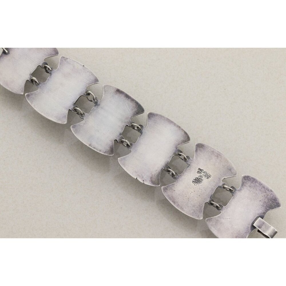 Sterling Silver Large Malachite Link Bracelet Vintage Mexico 6 3/4" inch - Picture 3 of 5